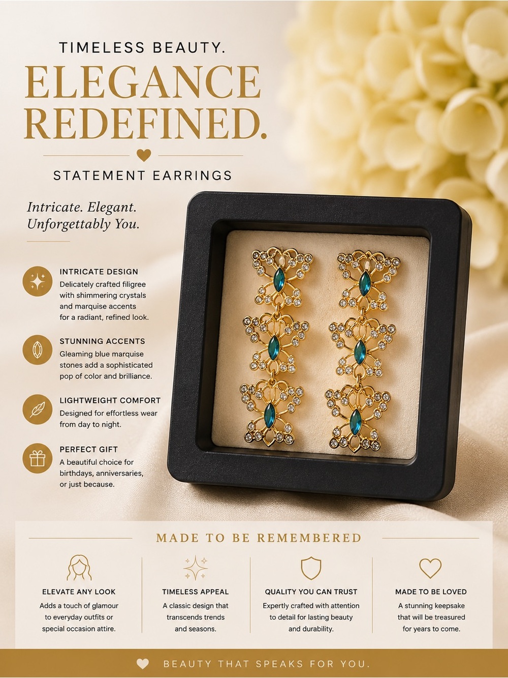 Gold Tone Filigree Statement Earrings with Teal Marquise Stones
